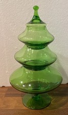 Iconic Vtg Empoli Glass Verdi Green Christmas Tree Candy Dish 4pc Gorgeous Cond picture