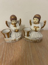 Vintage Set of 2 Ceramic Angel Candle Holders White Gold Christmas Decor picture