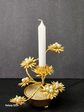 Opulent Goldtone Metal & Pearl Lotus Blossom Bonsai Candleholder Regency picture