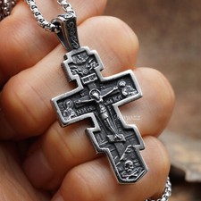 Mens Russian Orthodox Crucifix Cross Pendant Necklace Stainless Steel Men Gift picture