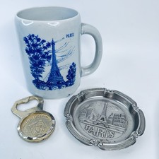 Vintage Paris Souvenir Set Eiffel Tower Mug Ashtray Bottle Opener France picture