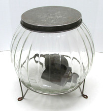 Antique Hoosier Glass Melon Ribbed Flour Jar With Lid, Tripod Stand, 2 Scoops picture