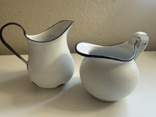 Vintage Swedish Enamelware Pitchers Set of 2 White Blue Trim Sweden picture