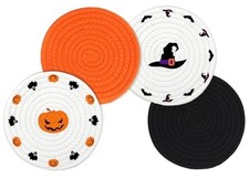 4 Pcs Halloween Cotton Woven Trivet Hot Pot Holders Pumpkin Witch Hat Braided picture