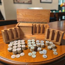 Vtg Vermillion Walnut Oak Poker Chips Set Case Eagle Wood Composite 300+ Modular picture
