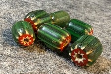 6 Green Layered Chevron Trade Beads Huron Indian Great Lakes 1800's picture