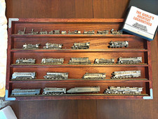 Miniature Metal Steam Train Locomotive Model Collection in Wooden Display Case picture