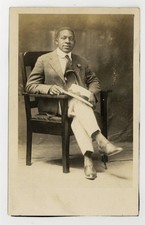 African American Dapper Man 1910 Flower Boutonniere Skimmer Hat RPPC Black picture