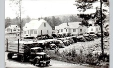 TRUCK HAULS LUMBER, alberta mi. c1940 postcard michigan real photo rppc birdseye picture