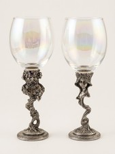 Vintage Pewter Wine Glasses Bacchus & Nymph Irridescent Goblets Mythlogical 2 pc picture