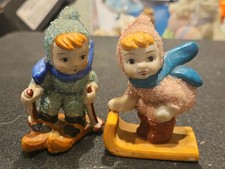 2 lovely vintage Sugar Figures Figurines Sledding & Skiing Snow Baby Japan picture