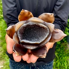 400G Natural Agate Geode Carved Lotus Flower, Hand Carved Healing Crystal Home picture