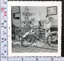 1954 Little Boy New Bicycle Christmas Present Holiday Old BW Photo Snapshot picture