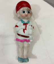 Wide eyed frozen Charlotte porcelain doll holding dog red cap flapper Japan picture