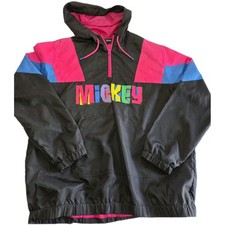 Disney Windbreaker Hoodie Adult Medium Black Pink 90s Mickey Mouse Jacket Vtg picture