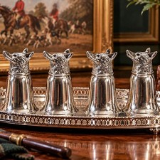 Lovely Set (4) Vintage Fox Hunting Theme Metal Stirrup Cups Equestrian Barware picture