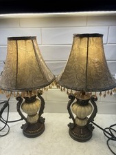 Pair Vtg Tuscan Boudoir Table Lamps Beaded Fringe Shades Urn Base Old World picture