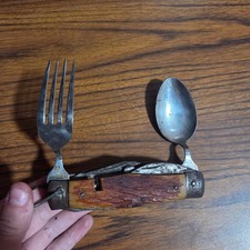 Vintage Hobo Camp Multi Tool Folding Pocket Knife Spoon Fork Utensil Jigged Bone picture