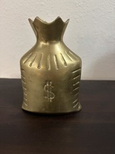Vintage Brass Figurine Money Sign Bag Vase Pouch Heavy Bank 1960s picture