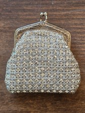 Vintage Mid Century Rhinestone Crystal Coin Purse Silver Frame Evening Pouch picture