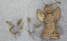 Vintage Clay Angel Ornament Playing The Lute w/ 2 Frosted Glass Cherub Ornaments picture