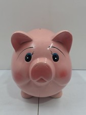 Vintage Mid Century Pink Ceramic Piggy Bank Blue Eyes 8