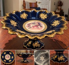 Vintage Cobalt Blue Gold Pedestal Bowl Fragonard Romantic Scene picture
