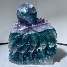312G Natural fluorite octopus Carved Quartz Crystal Skull Reiki Healing 1PC picture