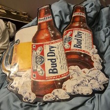 Budweiser Bud Dry Draft Beer Bottle & Mug Die-Cut Metal Sign Breweriana picture
