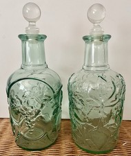 Vintage Libbey Canada Green Glass Fruit Motif Decanter With Glass Stoppers Set 2 picture