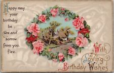 c1910s HAPPY BIRTHDAY Greetings Postcard Cottage Scene / Pink Roses - UNUSED picture