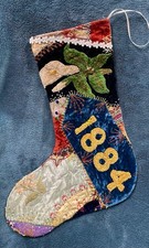 1884 GORGEOUS ANTIQUE VINTAGE CRAZY QUILT CHRISTMAS STOCKING CUTTER QUILT 26-75 picture