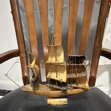 • Vintage Handcrafted 3-Mast Bull Horn Sailing Ship Model picture