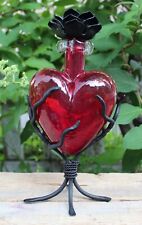 Red Glass Heart Handblown Hand Wrought Iron Stand & Top Decanter Mexico Folk Art picture