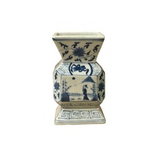Vintage Pale Blue White Scenery Graphic Square Porcelain Vase ws5035 picture
