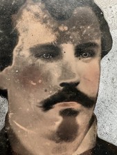 Antique Hand Colored Tintype | Blue Eyes Mustache & Goatee Portrait | 8.5x6.5 picture