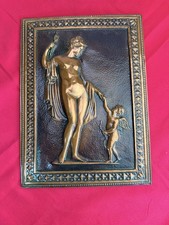 Vtg Venus Cupid Brass Tone Metal Relief Wall Plaque Classical Art 10.5” picture