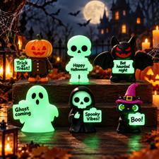 Halloween Resin Figurines Set 6 Glow In Dark Ghost Pumpkin Bat Witch Cat Decor picture