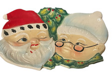 Vintage 50s  Lefton Mr Mrs Claus Holly ceramic Leaf Plate Cookie Dish spoon rest picture