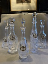 Set of Five Vintage Clear Crystal Liquor Deanters with Porcelain Bottle Tags picture
