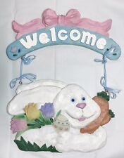Vintage Easter Bunny Rabbit Welcome Door Hanger Wall Plaque Heavy Resin Spring picture