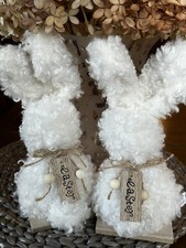 Two Fluffy  Adorable Easter Tagged Bunnies On A Wooden Stand/ New   picture