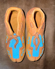 Native American hand painted ceramic Tan Leather Moccasins w/ Blue Beaded Design picture