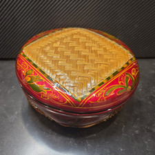 Vintage Hand Painted Red & Gold Laquered Parat Serving Bowl With Woven Weave picture