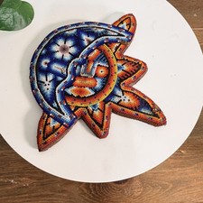 Huichol Beaded Sun and Moon Wooden Art Handmade Mexican Culture Collectible picture