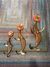 Vintage Brass & Wood Dancing Seals 1960s Set Of Three Wall Hanging Midcentury picture