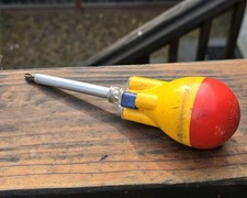 Vintage Screwball Ratchet Driver Screwdriver w/ 2 Bits Yellow Red USA Works picture