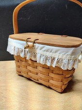 Longaberger 1993 Woven Basket With Removable Lace Liner & Wooden Lid picture
