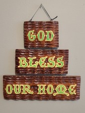 Vintage MCM 70s God Bless Our Home Wall Sign Hippie Retro Flower Power picture