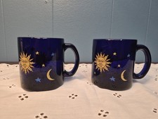 Vtg 1990s Set Of 2 Libby Celestial Cobalt Blue Friends Coffee Mug Sun Moon Stars picture